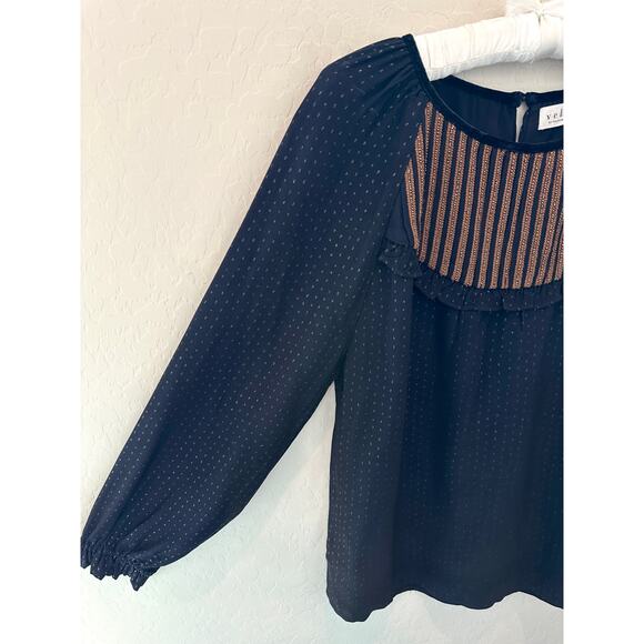 VELVET BY GRAHAM & SPENCER | Dark Blue Polka Dot Beaded Peasant Blouse | Medium - Picture 3 of 6